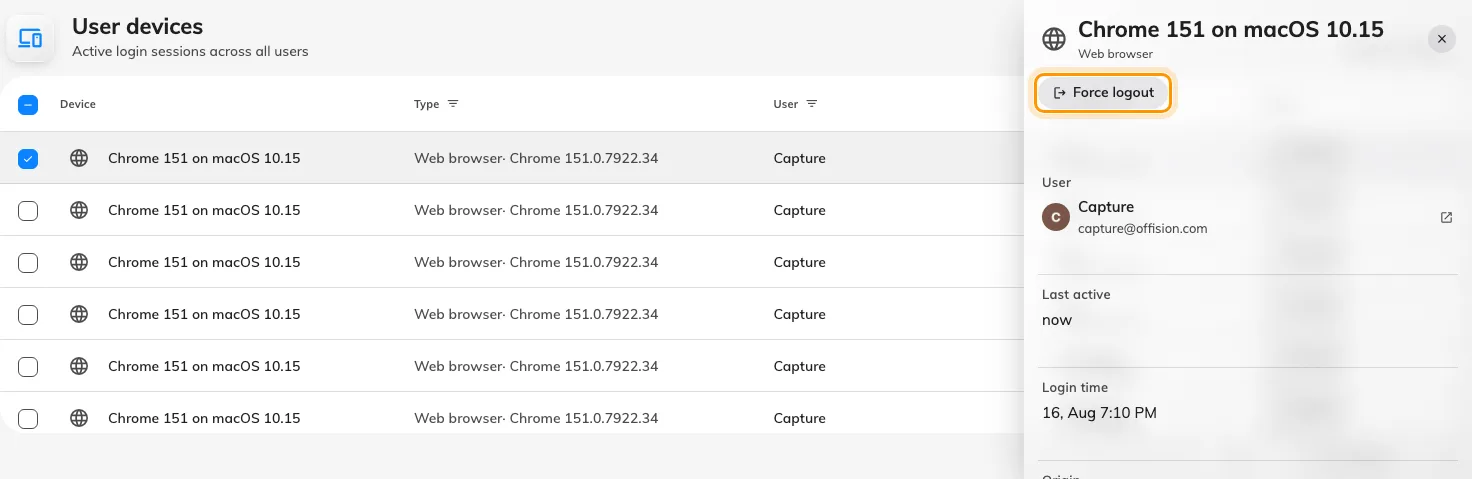 Selecting a device opens its detail, with Force logout.