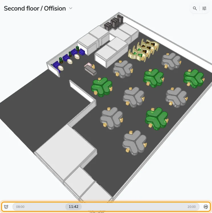 The floor in the app: filter, slide the time, book from the map.