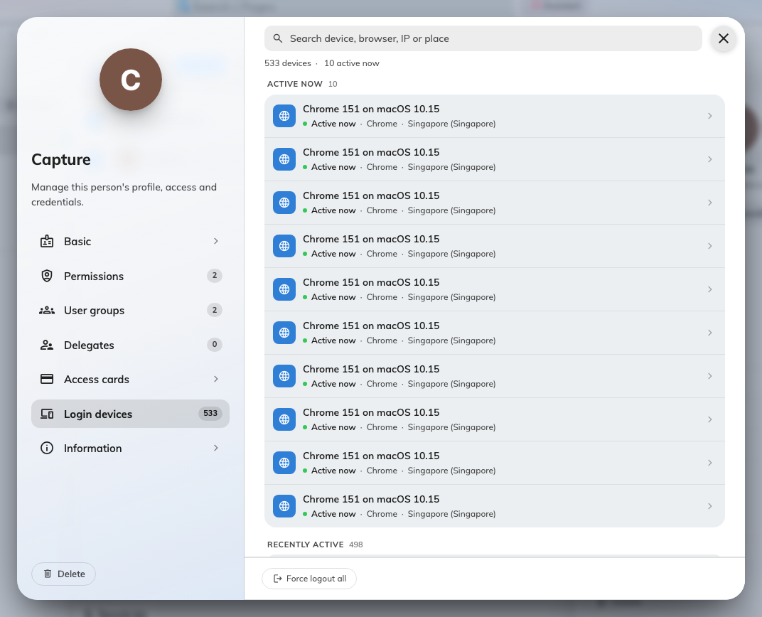 One person's devices, opened from their record. Force logout all sits at the foot.