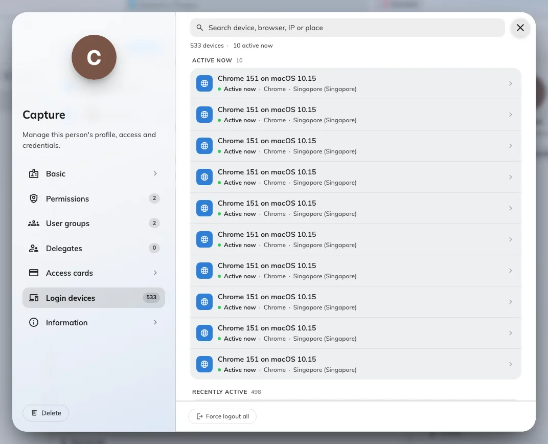 One person's devices, opened from their record. Force logout all sits at the foot.