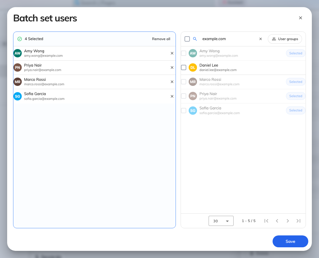 Batch set users. The selection you save replaces the whole membership.