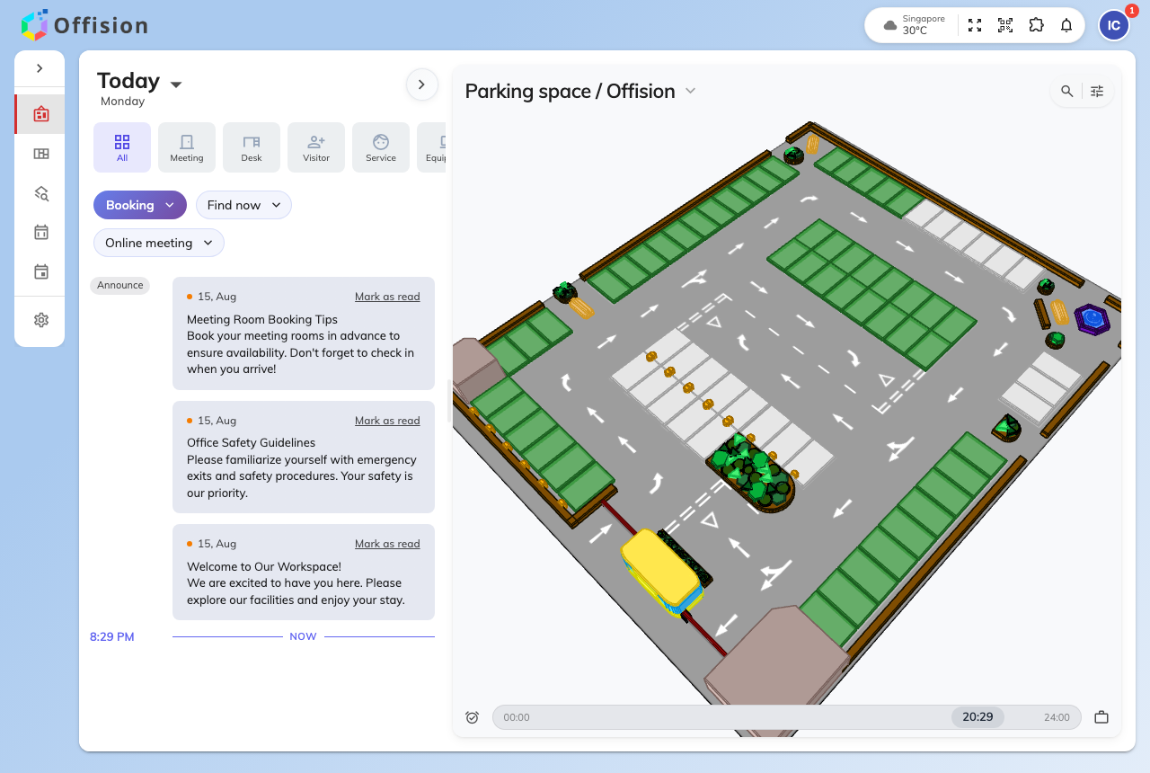 The home screen of the Offision app, with the Booking and Find now quick actions above the day’s announcements.