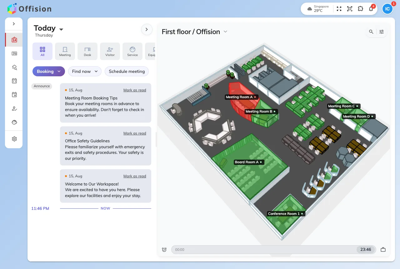 The home screen of the Offision app, with the Booking and Find now quick actions above the day’s announcements.