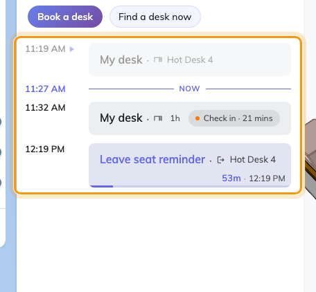 A desk day: the booking, its check-in countdown, and the leave reminder under it.