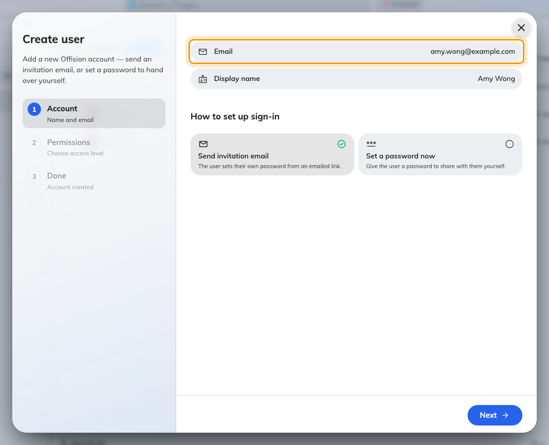 The Account step. Email is required; the display name is derived from it.