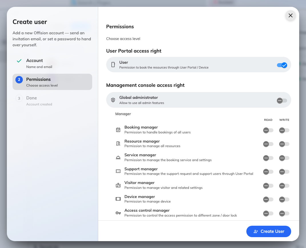 The Permissions step. Ordinary staff need only User.