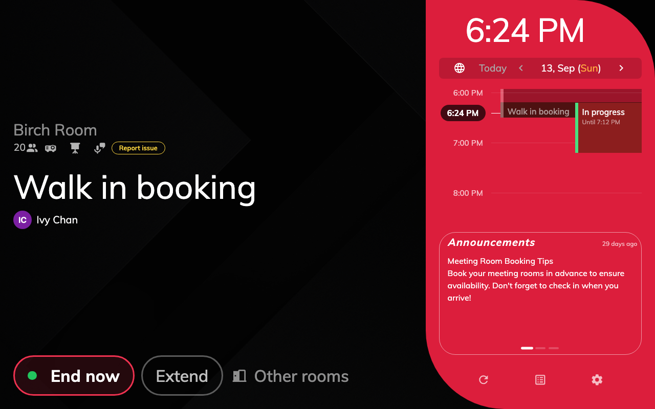 Straight to in use. No check-in step, and the room is held for the length you picked.