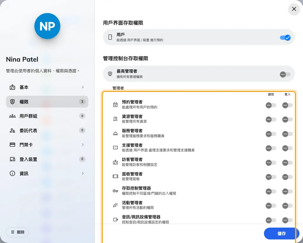 用戶的權限頁面,管理者各列已框出。