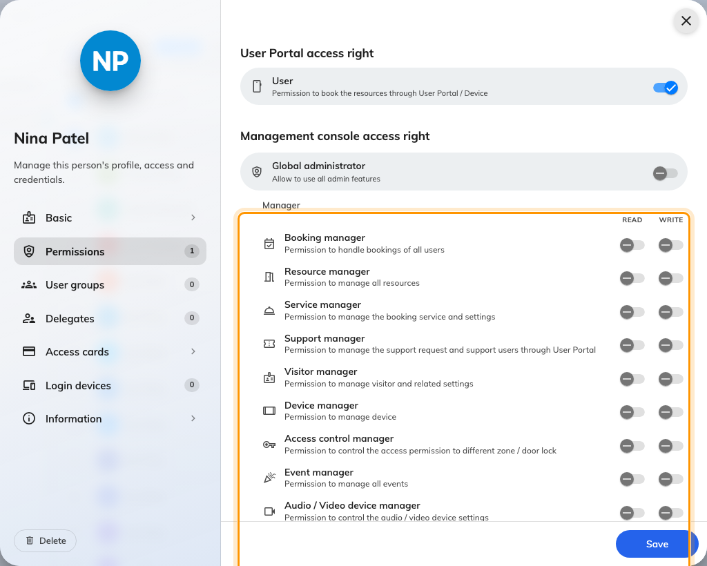 A person's Permissions page, with the manager rows ringed.