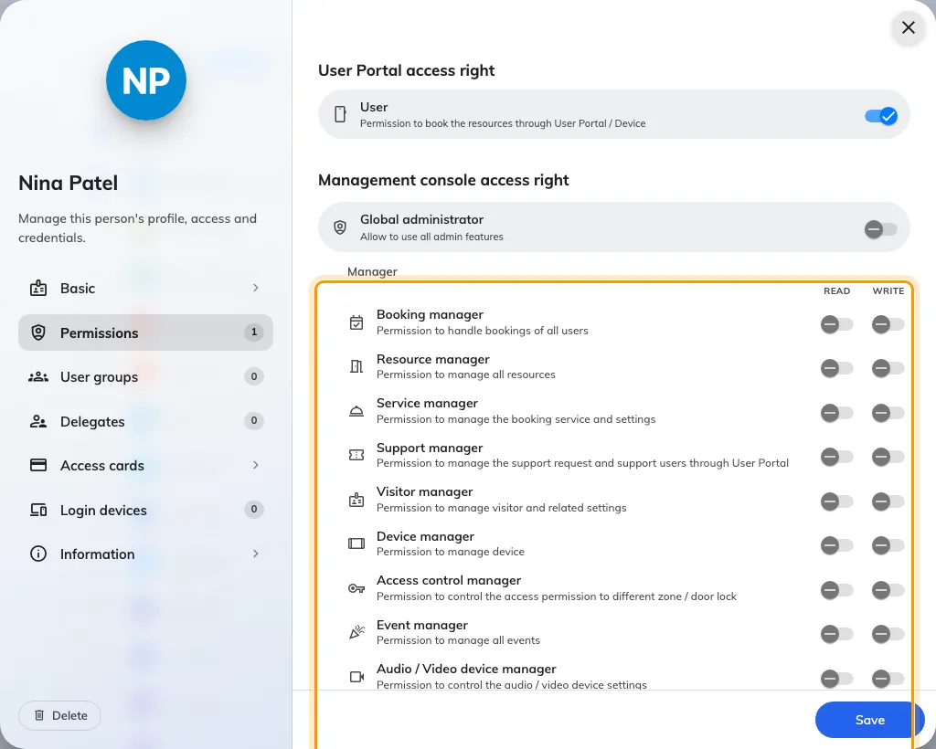 A person's Permissions page, with the manager rows ringed.