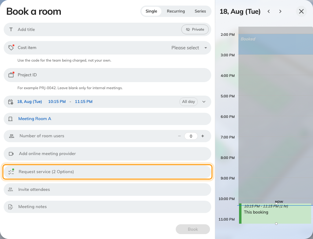 Request service on the booking form. It appears only once a room is chosen.