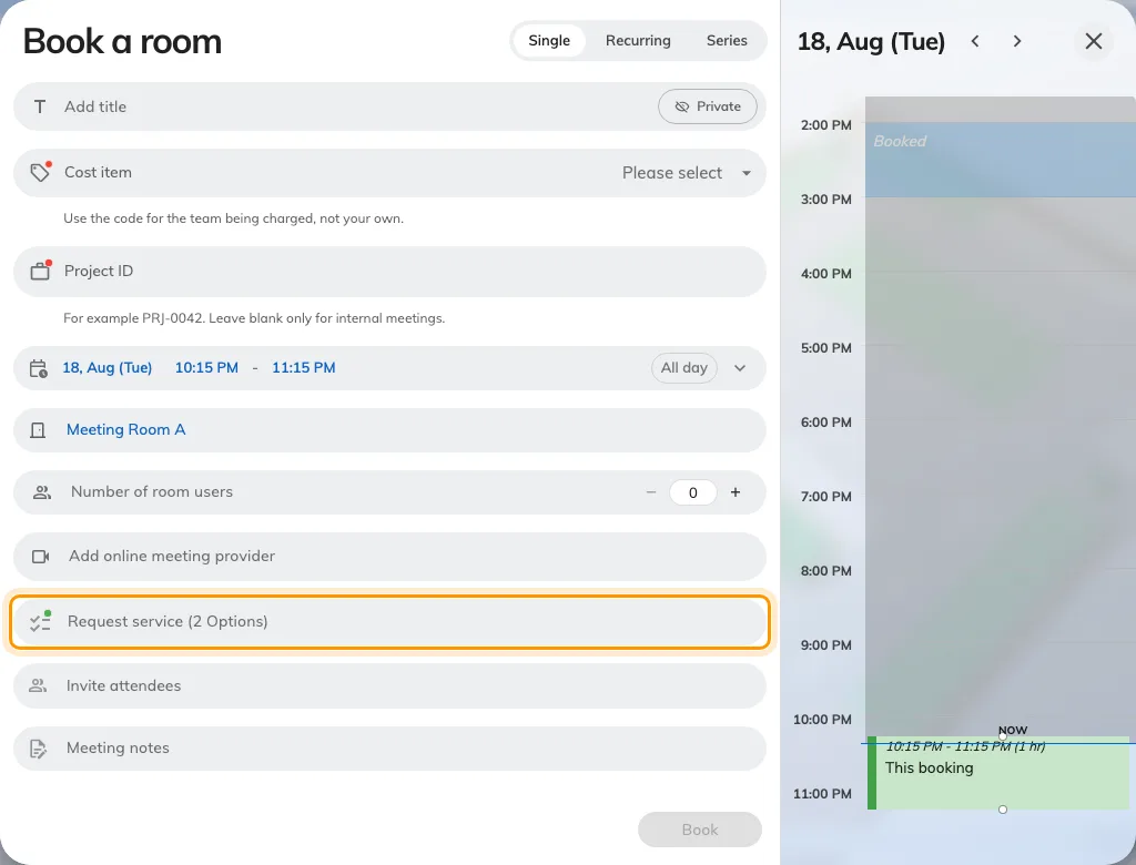 The booking form: services are ordered from the Request service row.