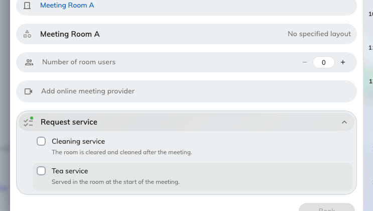 Open: this room's services. The names here are one company's — yours will be different.