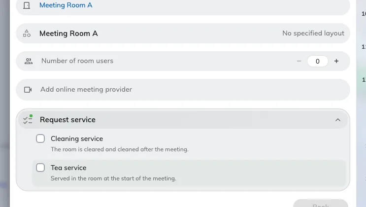 Open: this room's services. The names here are one company's — yours will be different.