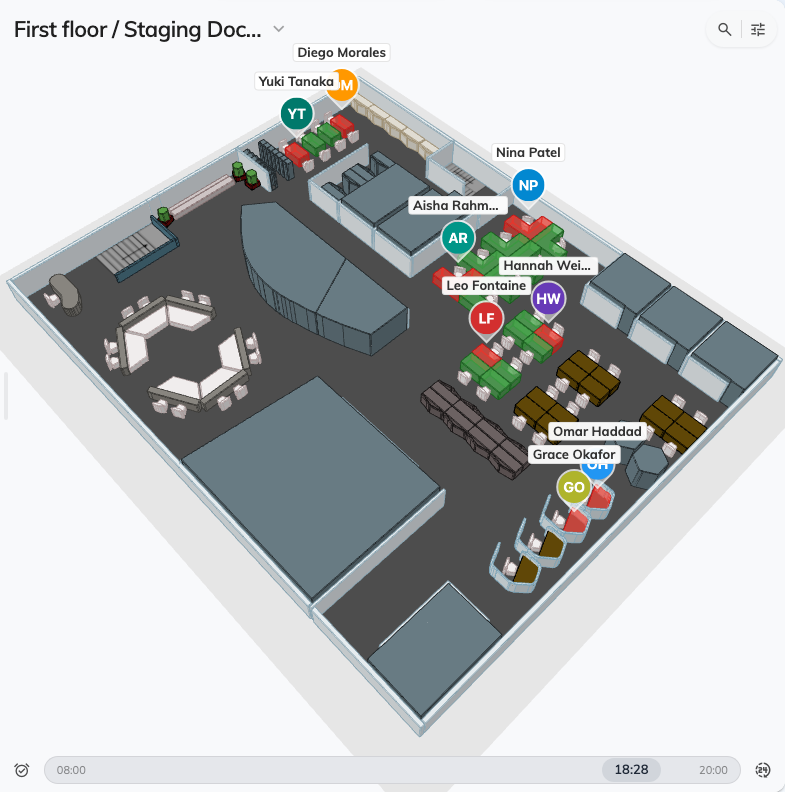 The same floor as step 2, with Show all users on: every reserved desk carries the person who booked it.