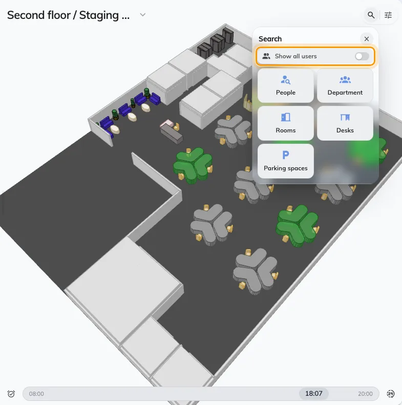 Show all users, at the top of the search panel. It is off every time you open the map.