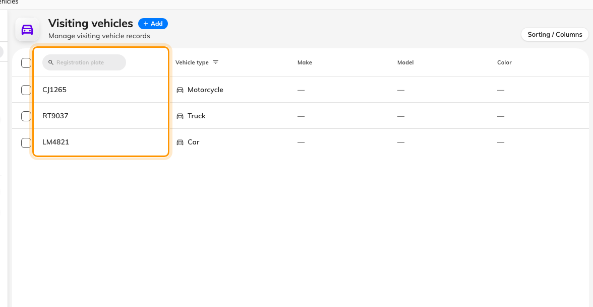 Visiting vehicles. Every plate on file, searchable on its own.