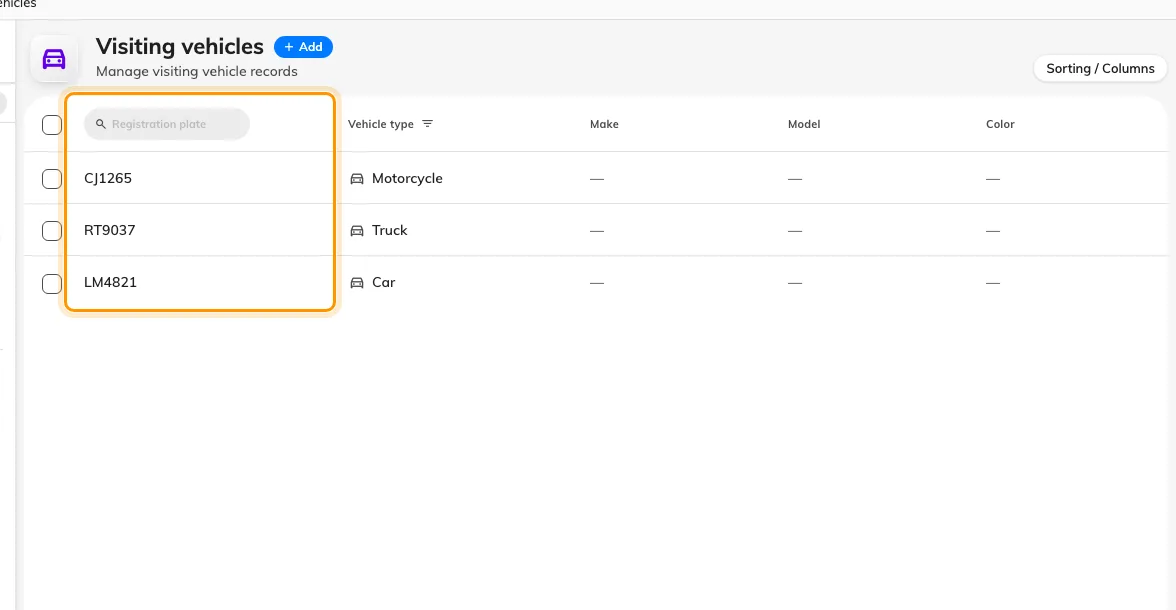 Visiting vehicles. Every plate on file, searchable on its own.