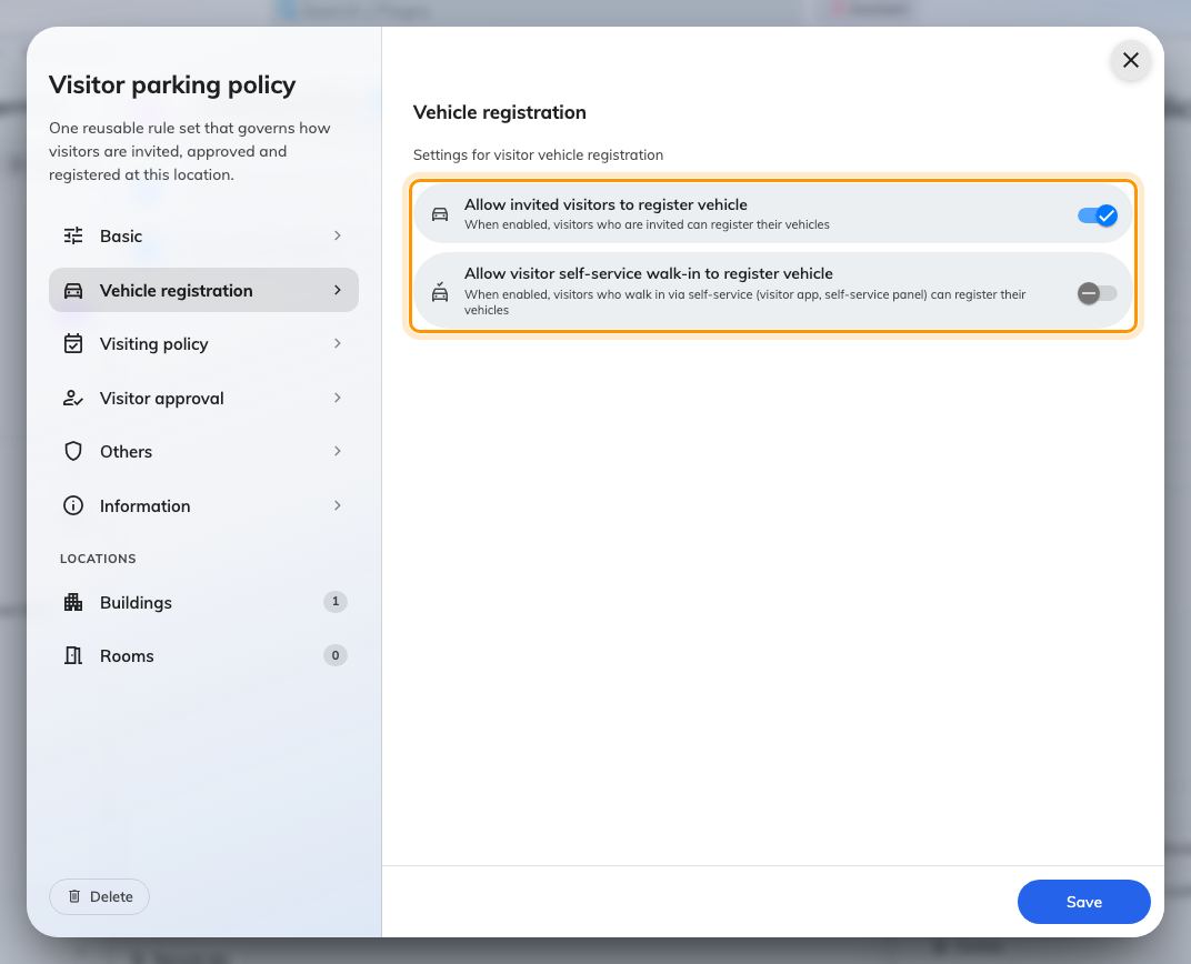 Vehicle registration on a visiting location policy. The two switches govern different arrival routes.