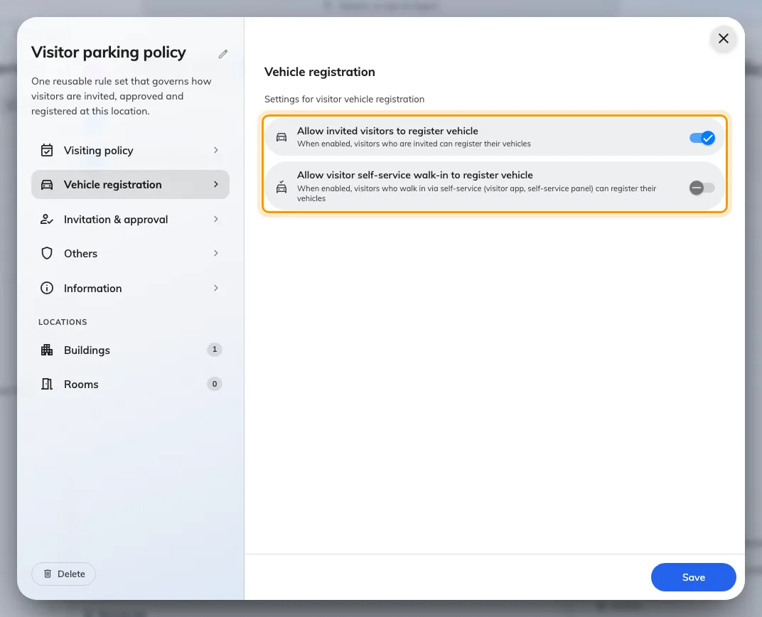 Vehicle registration on a visiting location policy. The two switches govern different arrival routes.