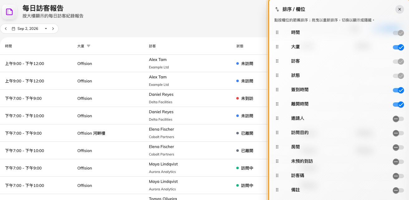 隱藏的欄位在「選擇欄位」面板裡等著。