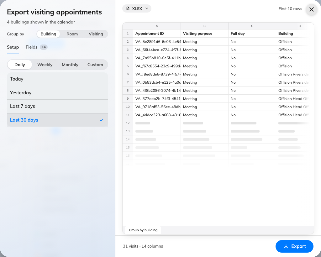 The same search and export for visits