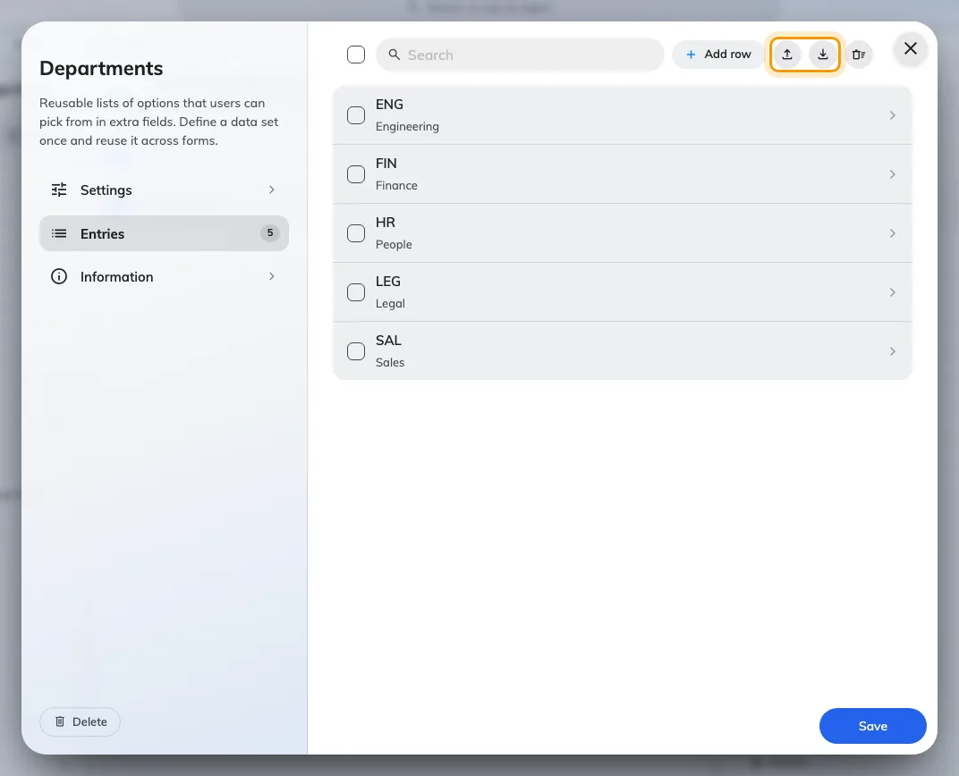 A visiting data set and its entries. Import and Export are the two icon buttons above the list.