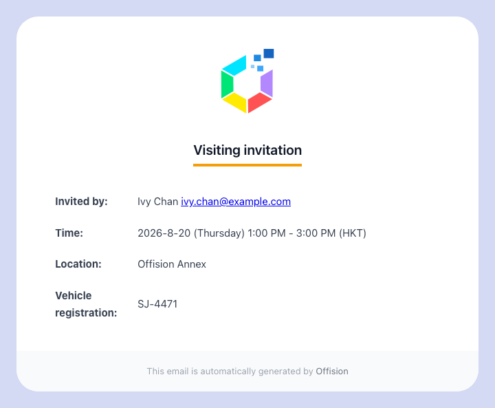 The visiting invitation, carrying a field set to show in email.