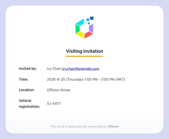 The visiting invitation, carrying a field set to show in email.