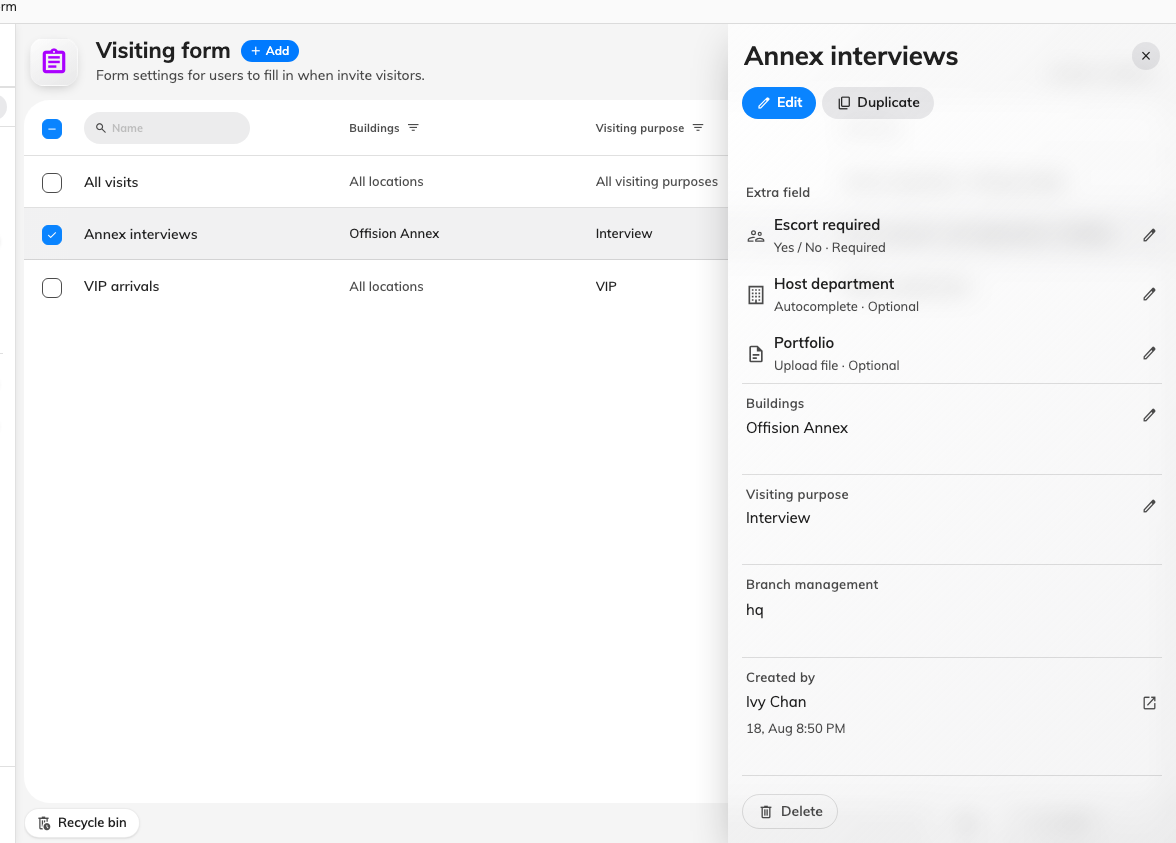 The forms on this site, with one selected. The panel lists its fields and where it applies.