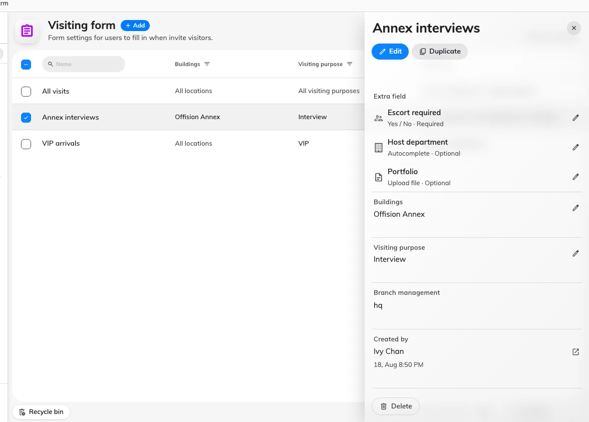 The forms on this site, with one selected. The panel lists its fields and where it applies.