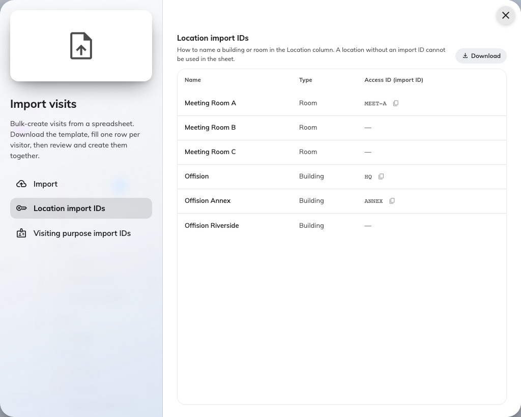 Location import IDs: how the sheet names a building or room.