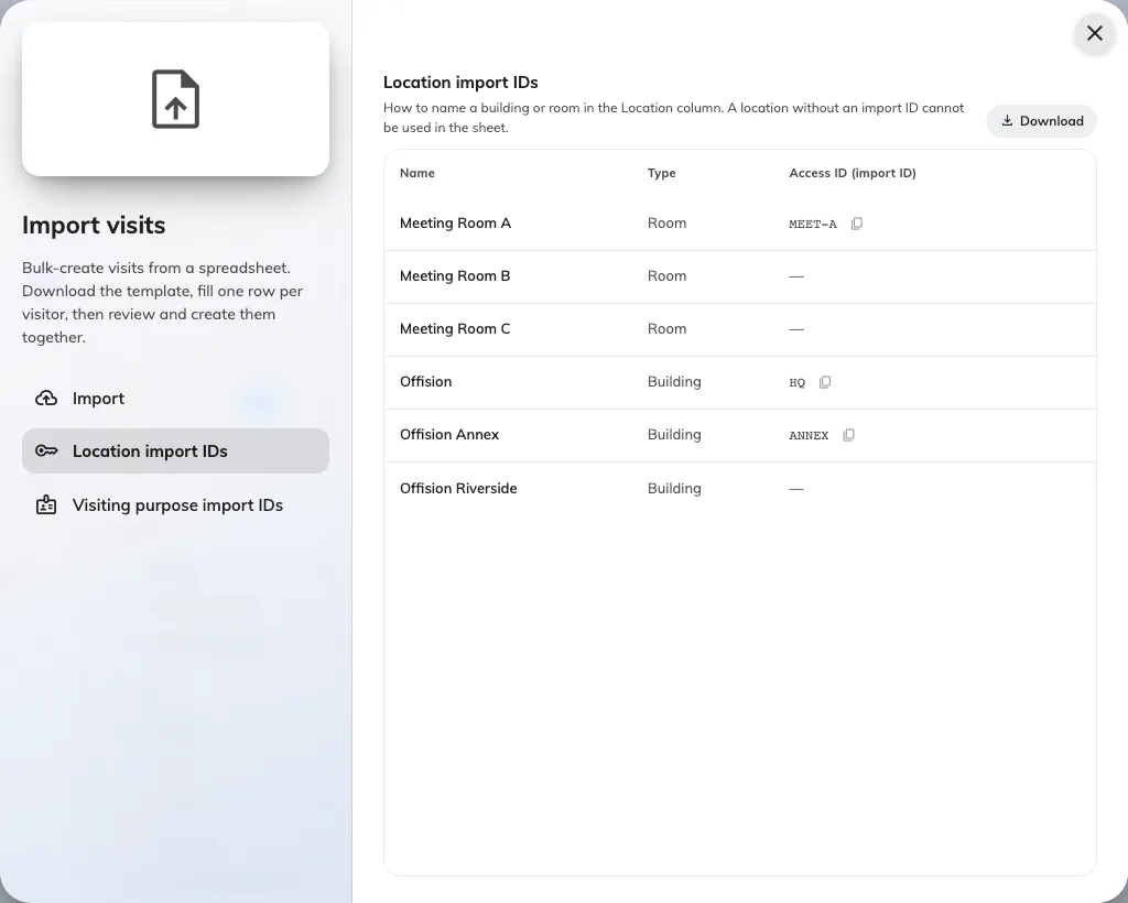 Location import IDs: how the sheet names a building or room.