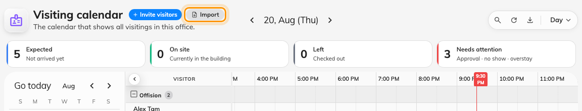 Import, next to Invite visitors on the Invitation calendar.