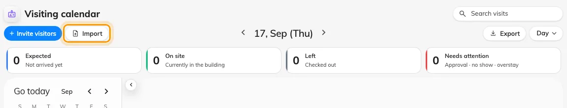 Import, next to Invite visitors on the Invitation calendar.