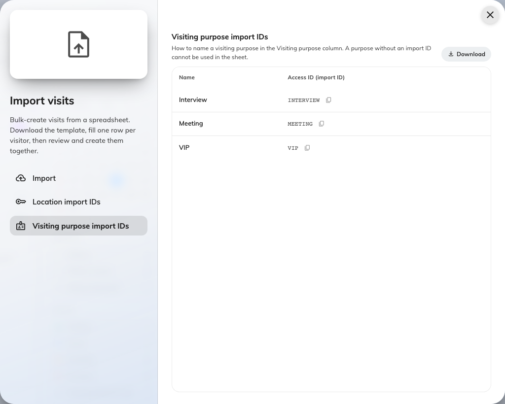 Visiting purpose import IDs: the code the Visiting purpose column expects.