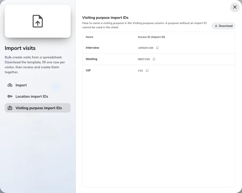 Visiting purpose import IDs: the code the Visiting purpose column expects.