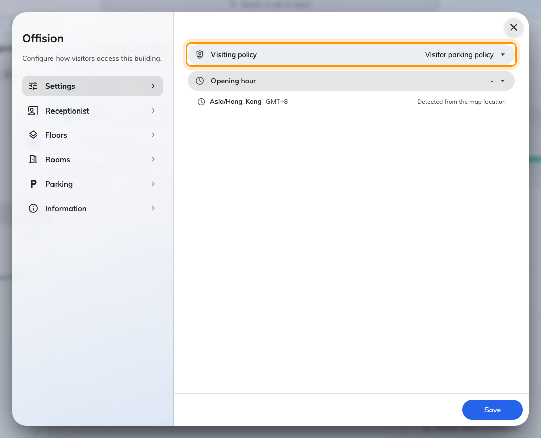 Settings: the visiting policy and the opening hour, with the resulting time zone spelled out underneath.