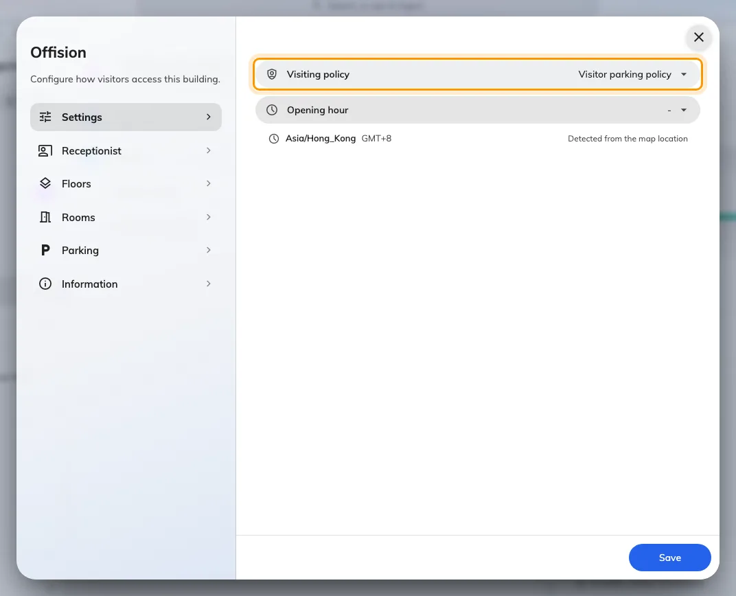 Settings: the visiting policy and the opening hour, with the resulting time zone spelled out underneath.