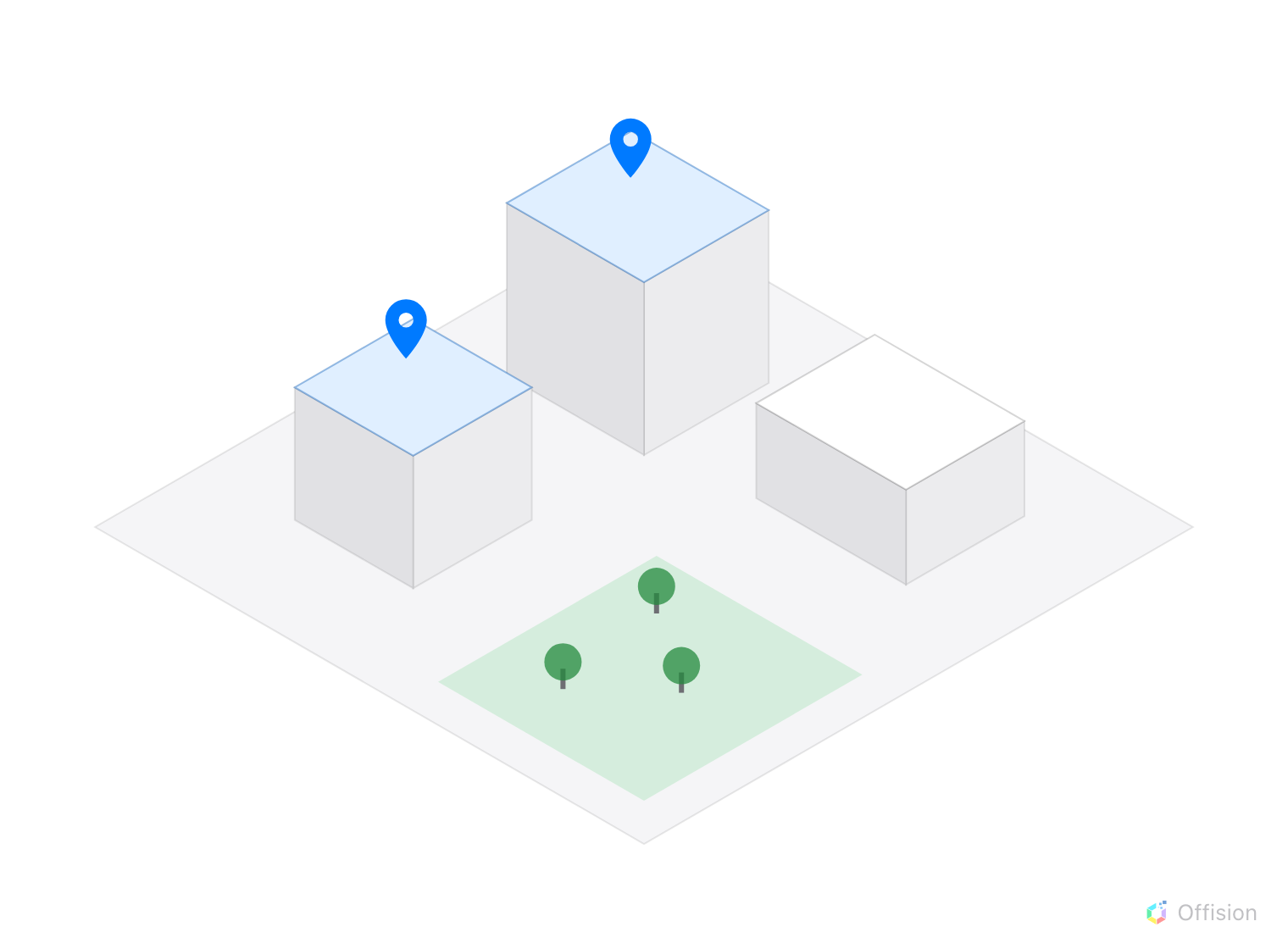An isometric map of a small campus: three buildings and a park with trees. Two of the buildings carry a blue map pin; the third building and the park carry none.