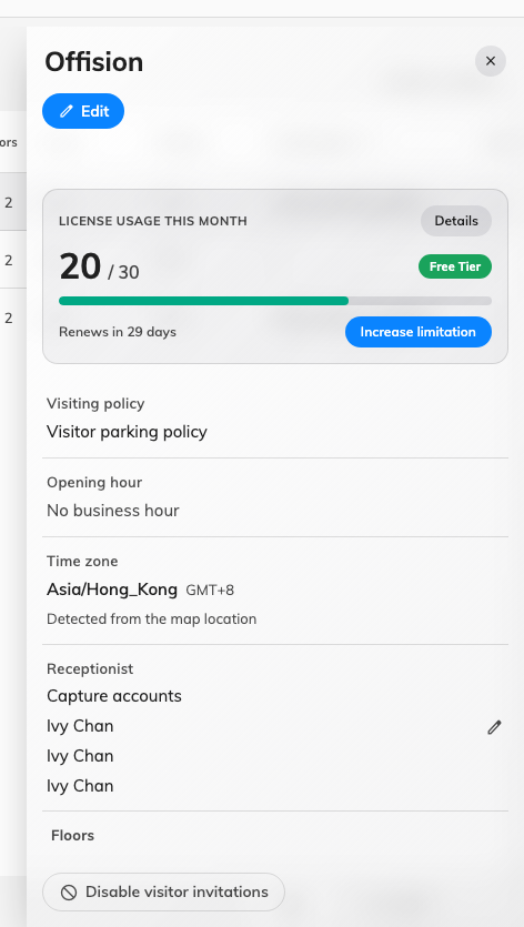 One location's panel: its visitor count for the month, visiting policy, opening hour, time zone, receptionists, and the floors, rooms and parking open under it.