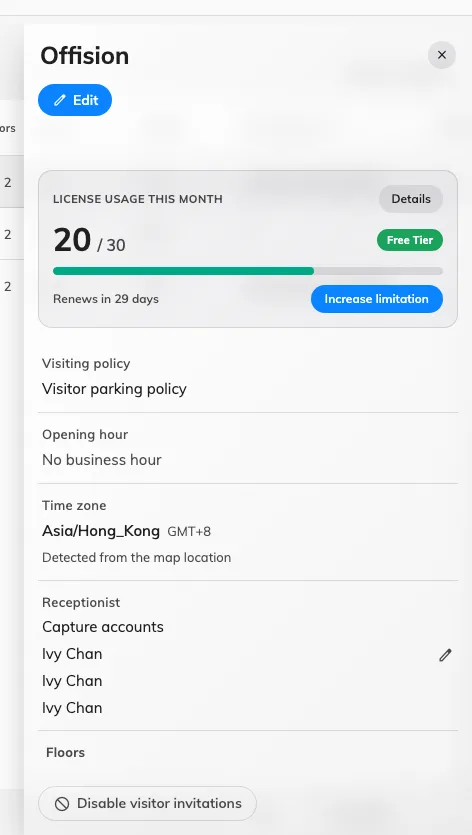 One location's panel: its visitor count for the month, visiting policy, opening hour, time zone, receptionists, and the floors, rooms and parking open under it.