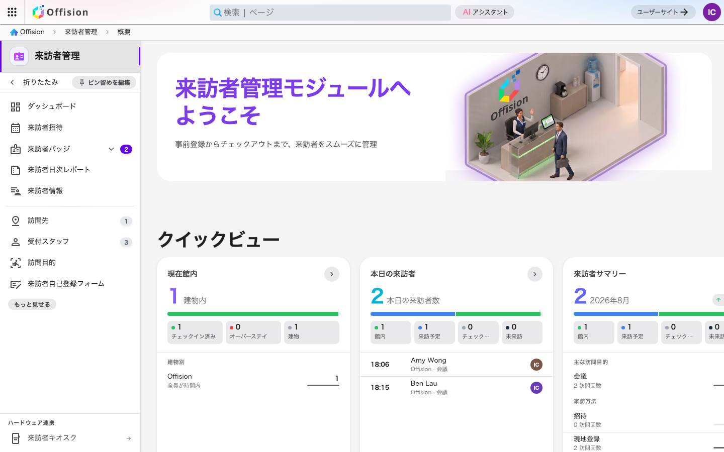 管理コンソールの「来訪者」セクション。概要ページを表示している。