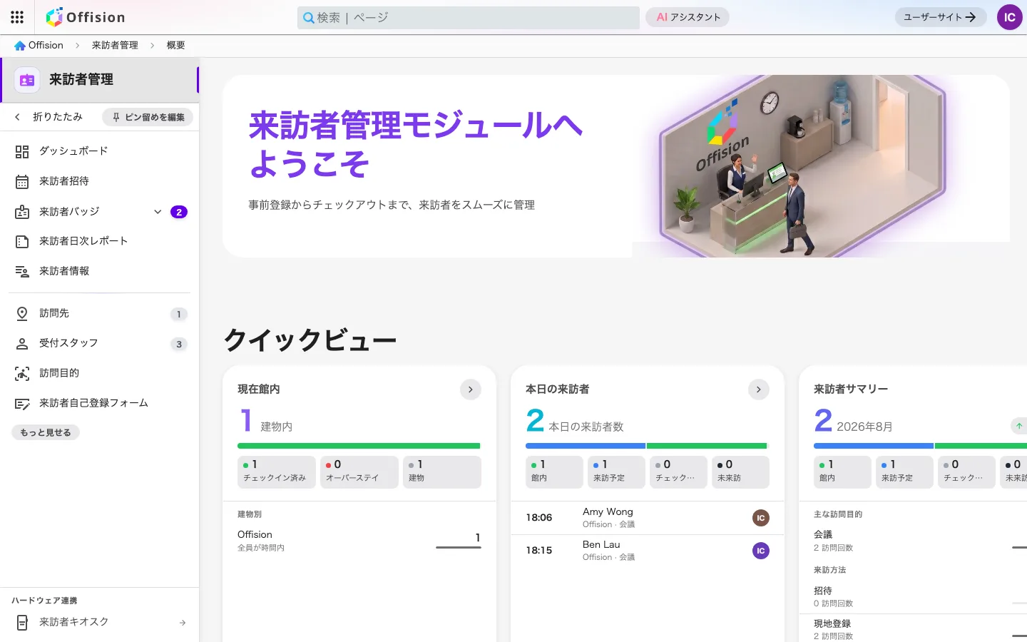 管理コンソールの「来訪者」セクション。概要ページを表示している。