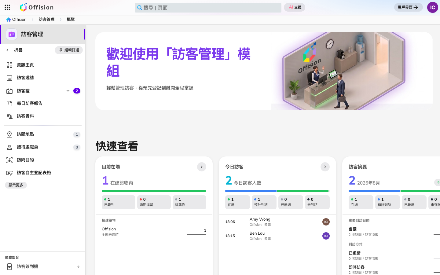 管理主控台的「訪客」區段，顯示概覽頁。