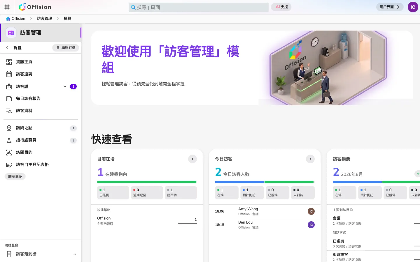 管理主控台的「訪客」區段，顯示概覽頁。