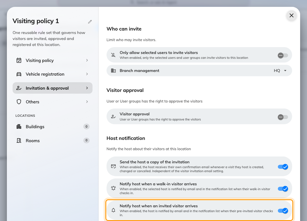 Host notification, at the foot of Invitation & approval. Both arrival switches are on until you turn them off.