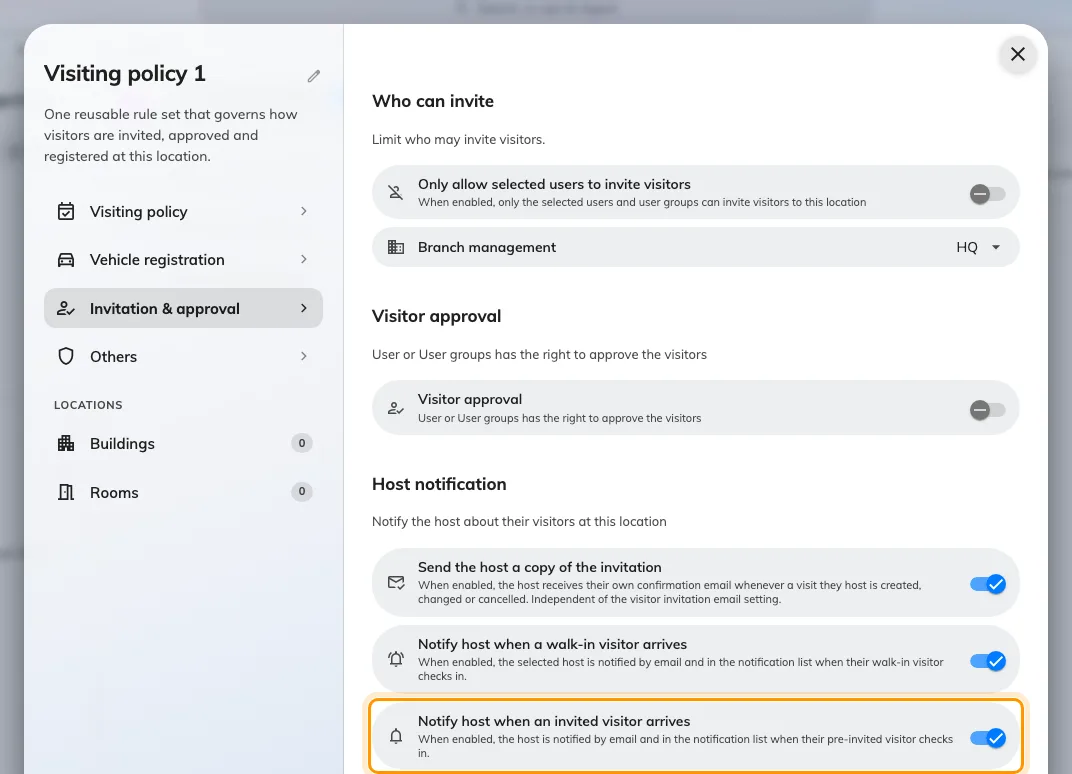 Host notification, at the foot of Invitation & approval. Both arrival switches are on until you turn them off.