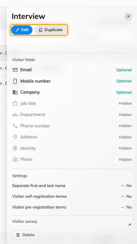 The purpose detail panel offers Edit and Duplicate; building defaults are configured on the building.