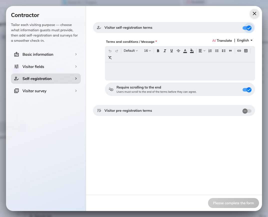 Self-registration terms switched on, with the editor and the scroll rule underneath.
